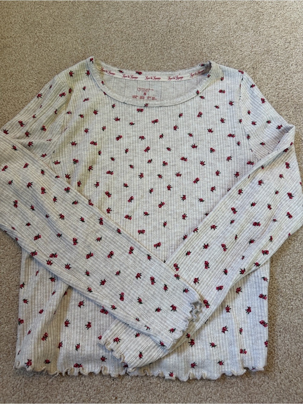 Primark Light Gray Ribbed Long Sleeve Top with Red Floral Dots